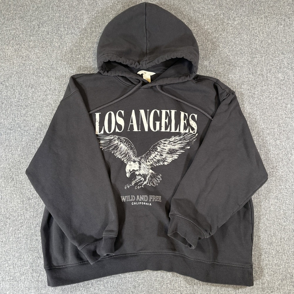 H&M Los Angeles Wild And Free Hoodie Mens XL Black Graphic Pullover Eagle